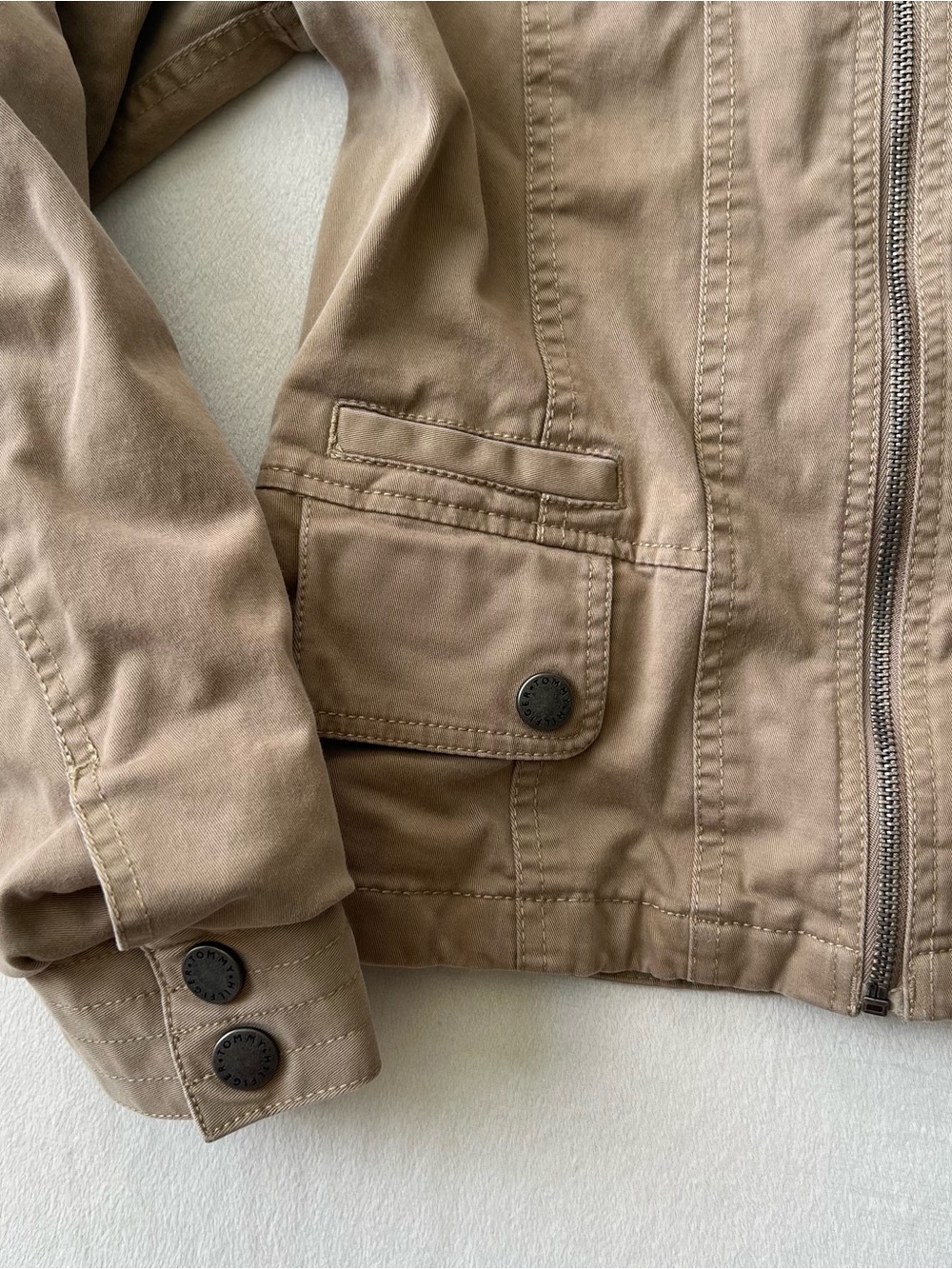 Tommy Hilfiger Khaki Hooded Jacket Y2k Quiet Luxury Band Size Sm Lined - Picture 2 of 11